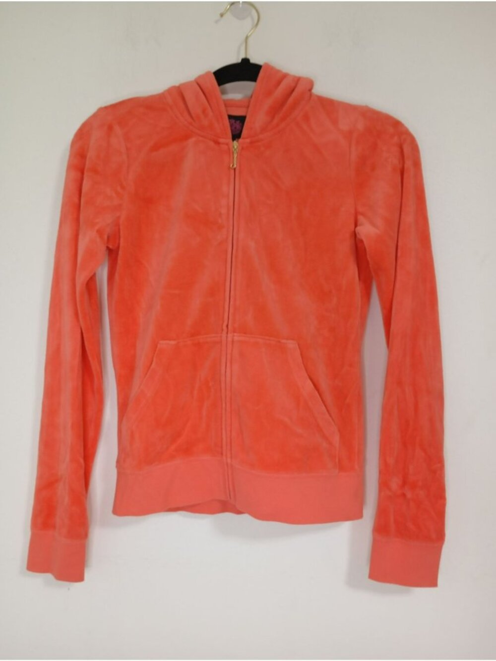 Vintage Juicy Couture Y2K Girls Coral Velour Zip-Up Hoodie 14 Kangaroo Pockets